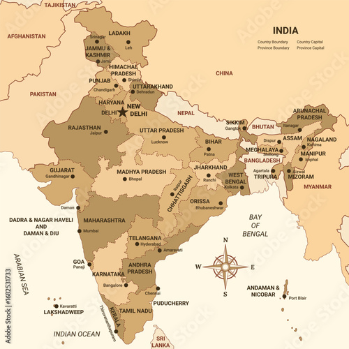 Outline of India Map with Labelled States Name and Capital Star Mark and other countries 