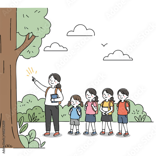 Smiling female teacher leads happy students on an educational nature walk, pointing at a tree in a vibrant 2D flat vector illustration with simplified natural elements.