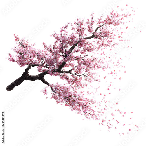 Surreal floral: A cherry blossom branch disintegrating into pink petals on black background