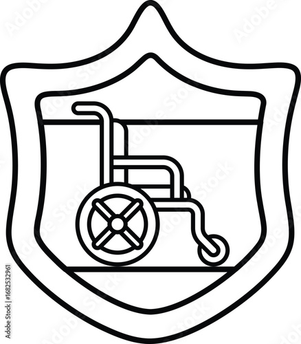 A black and white image of a wheelchair with a shield behind it