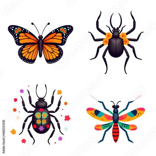 Cartoon Dragonfly with Floral Wing Decorations and Sparkles