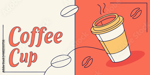 Aesthetic coffee cup illustration with beans on a split background of cream and coral color scheme design created with generated ai