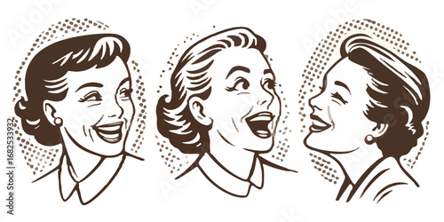 Three vintage cartoon women laughing with halftone backgrounds in brown and white color palette created with generated ai