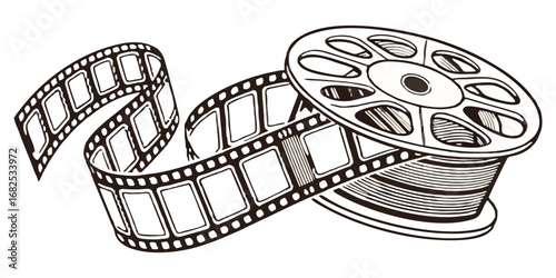 A black and white illustration of a film reel and a strip of film winding around it nicely drawn created with generated ai