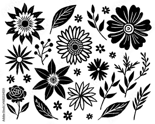 Black floral elements and foliage on white background