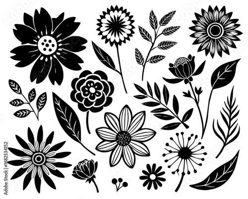 Decorative Black Flower And Leaf Motifs floral leaves