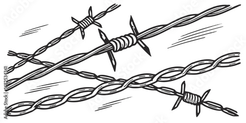 Illustration depicting a black and white barbed wire fence with sharp spikes and twisted metal strands created with generated ai