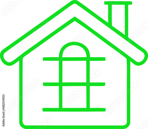 Simple green outline of a house with a window and chimney