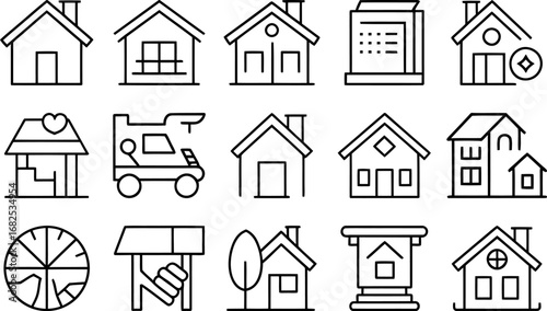 A collection of diverse house and building outline icons, representing various architectural styles and features.