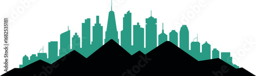 Teal city skyline silhouette emerges from dark mountain landscape