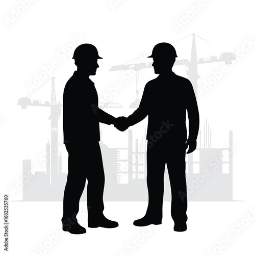  Silhouette of Two Construction Workers Shaking Hands in Agreement