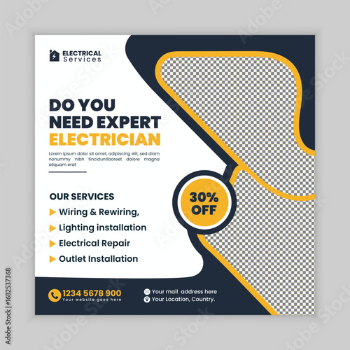 Electrical and Electrician Services Social Media Post and Web Square Banner Flyer Template for Wiring, Lighting, Power Installation, Circuit Repair, and Maintenance Work