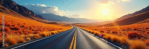 A winding asphalt road cuts through a vibrant, sun-drenched landscape, leading the eye towards a distant horizon Perfect for travel, adventure, and journey concepts , grass, field, adventure