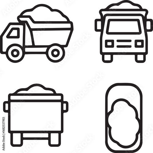 Line drawing loaded dump truck icons set side, front, back, and top views vector art illustration