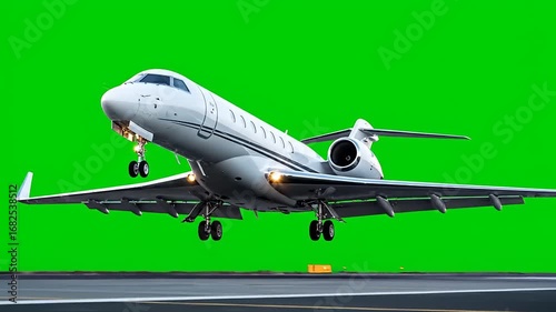 Slow Motion Cinematic Shot of a Luxurious White Private Jet Taking Off from Runway with Retracting Landing Gear Against Green Screen - Aviation Travel Concept