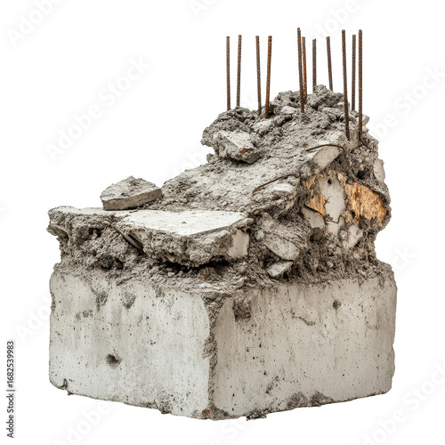 Damaged concrete block with rebar showing destruction texture gray black brown, isolated on a transparent background