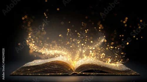 Open Book with Magical Golden Sparkles Emanating from Pages in a Dark Background