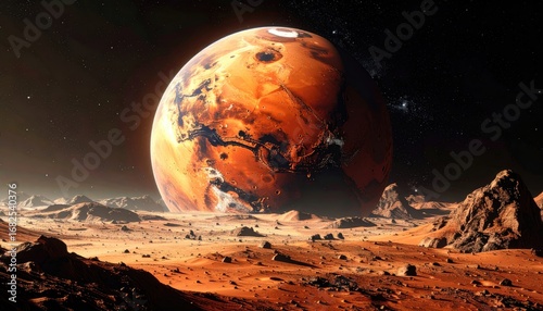 A desolate, rocky Martian landscape stretches before a large Mars planet view, speckled with stars against a dark sky