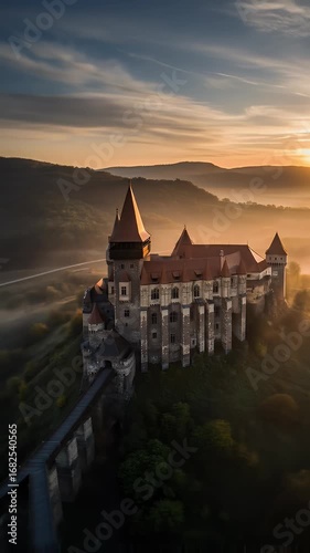 Aerial Castle at Sunset Majestic Landscape in Europe Romania