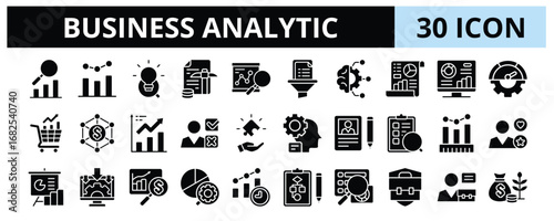 30 Business Analytic Glyph Icons Vector - Metric, Insight, Reporting, Optimization, Forecast, Profiling, Integration, Data mining