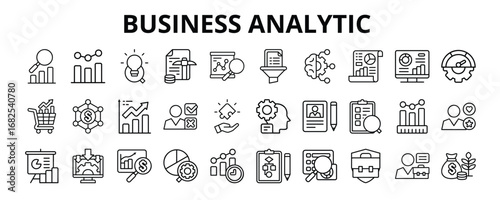 30 Business Analytic Line Icons Vector - Metric, Insight, Reporting, Optimization, Forecast, Profiling, Integration, Data mining