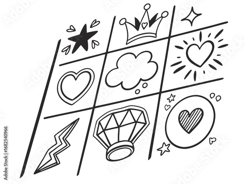 Tic tac toe game board with doodle icons grid
