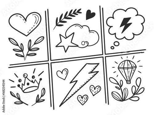 Grid of doodle icons with hearts and a hot air balloon