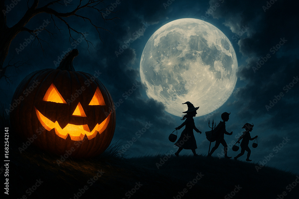 Fototapeta premium AI generated spooky Halloween night with glowing jack o lantern giant full moon children in costumes trick or treat under dark sky creating fun mysterious fantasy