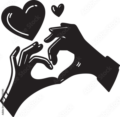 Black Silhouette Hands Crafting Heart Shape with Floating Love