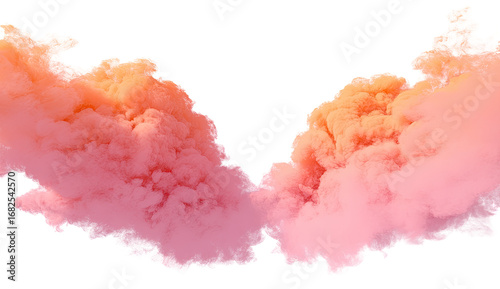 Two swirling, peach-and-coral colored smoke clouds, shaped like wings, against a black background