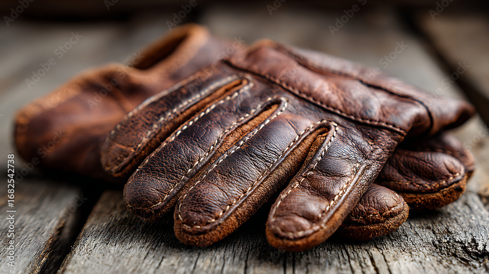 Obraz premium Old Leather Gloves Resting on a Rustic Wooden Surface in Soft Lighting Create an Atmosphere of Nostalgia and Craftsmanship