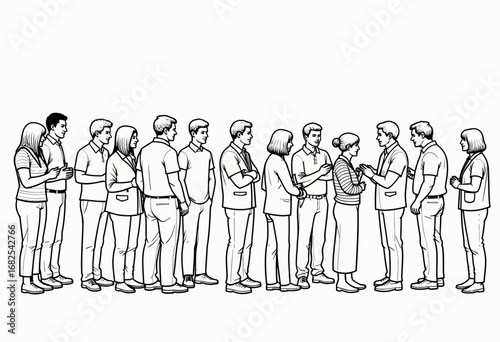 A simple and expressive black and white line art illustration of a diverse group of people waiting patiently in a long queue, symbolizing community and order.
