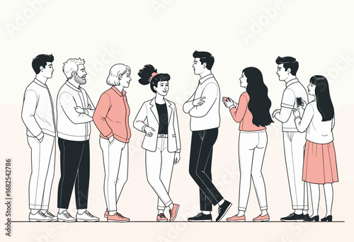 A diverse group of people patiently waiting in a long queue, a simple and modern cartoon illustration symbolizing social order, community, and patience.
