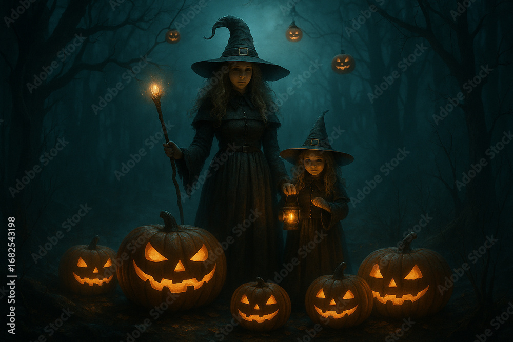 Fototapeta premium AI generated dark gothic fantasy halloween scene with two witches standing among glowing jack o lanterns in a foggy haunted forest filled with mystery magic and eerie atmosphere