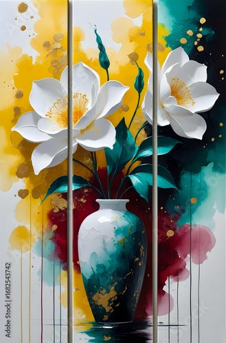A triptych featuring large, textured flowers with white petals and a yellow center, against a backdrop of abstract, splattered colors in red, yellow, and teal.