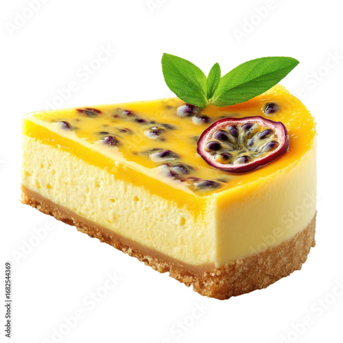 Slice of passion fruit cheesecake with fresh mint garnish isolated on Transparent Background