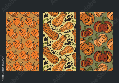 Wallpaper Mural Vector autumn pattern collection with different pumpkins, squashes and zucchini for decoration and printing of clothes, wallpaper, packaging design. Vintage ornaments with vegetables, zigzags, spots. Torontodigital.ca