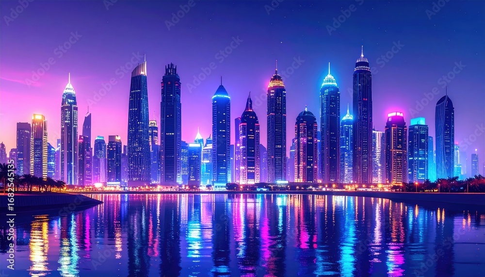 Obraz premium A vibrant skyline view at night. City buildings reflect in a body of water, illuminated with neon lights against a purple and blue sky