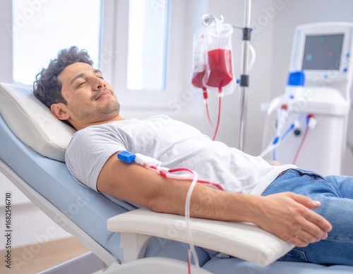 A young man lies in a medical chair receiving a blood transfusion or dialysis treatment in a bright, clinical setting.