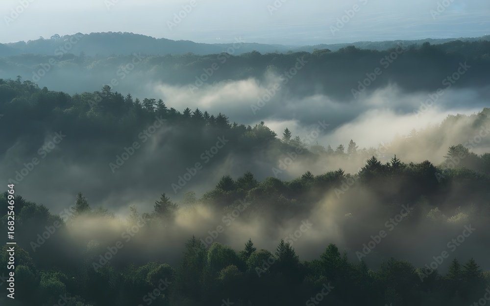 Fototapeta premium Atmospheric Forest View with Rolling Hills and Foggy Valleys