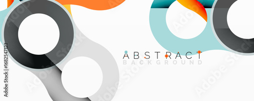 Modern abstract design. Overlapping circles, squares create dynamic composition. Bright colors contrast with gray shades. Minimalist aesthetic.