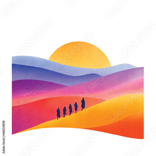 Watercolor Desert Trek Silhouetted Figures Ascending Under a Radiant Sun