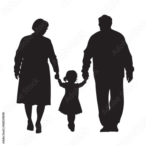 Silhouette of father, mother and daughter walking forward holding hands from behind