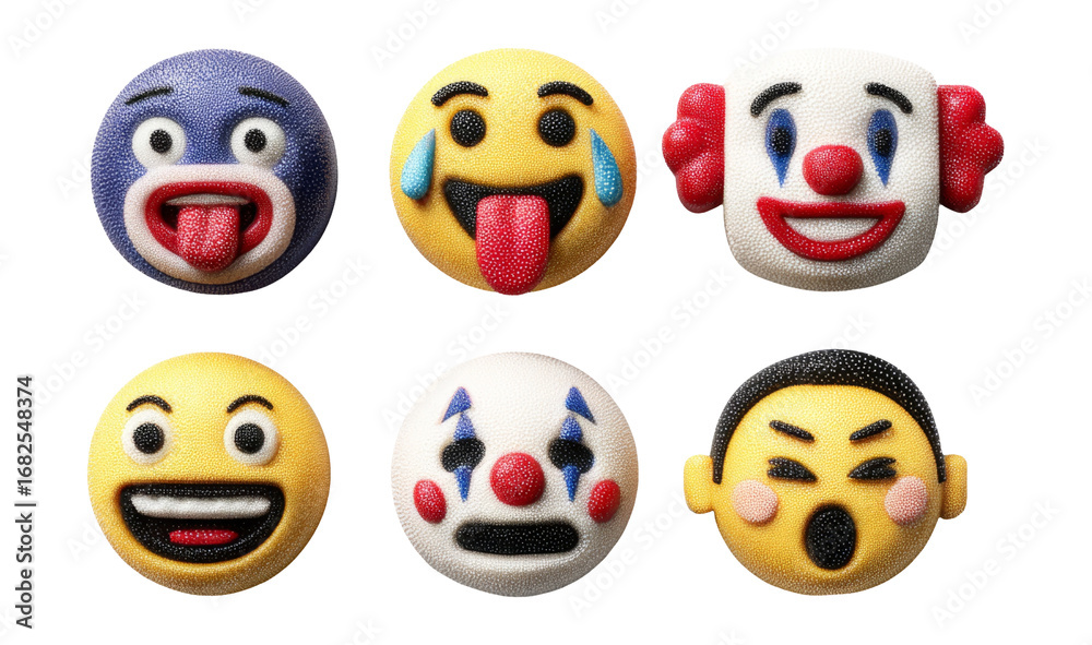 Obraz premium Colorful and Playful Emoji Faces with Diverse Expressions on White Background