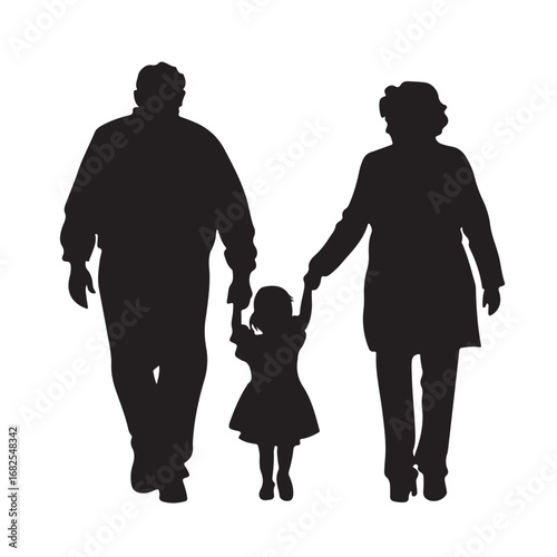 Silhouette of father, mother and daughter walking forward holding hands from behind