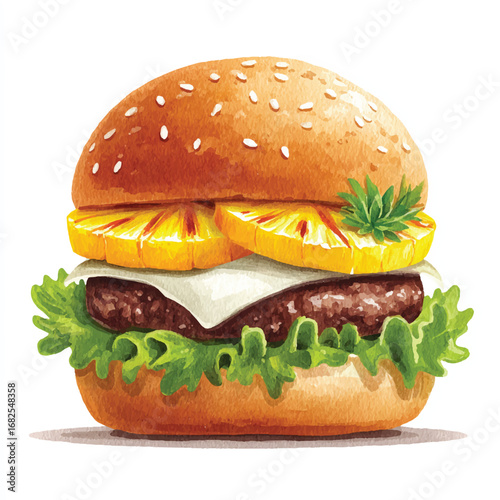 Watercolor Burger with Grilled Pineapple Cheese and Lettuce on a Sesame Seed Bun