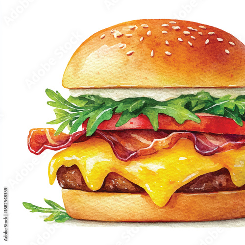 Watercolor Burger with Bacon Cheese Tomato and Fresh Greens Deliciously Illustrated