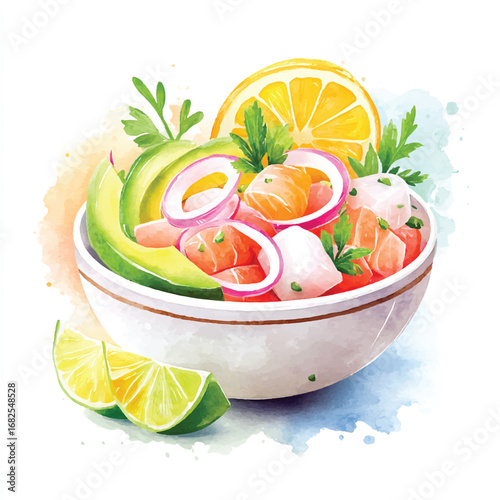 Watercolor Ceviche Bowl with Avocado Citrus and Fresh Herbs Deliciously Presented