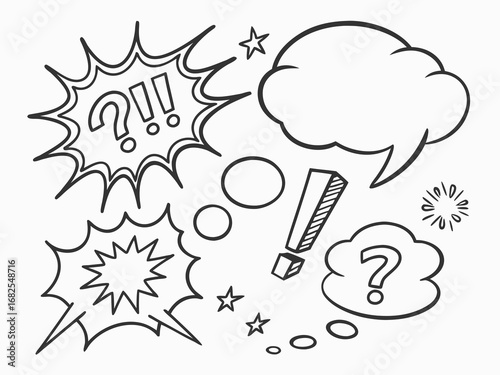 Hand Drawn Comic Book Speech Bubbles and Symbols with Question Marks and Exclamation Points thought bubble