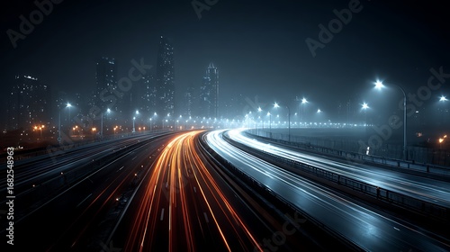 Futuristic smart city highway with neon lights and gradient sky background, symbolizing modern mobility, urban transport, sustainable travel and innovative technology concepts.